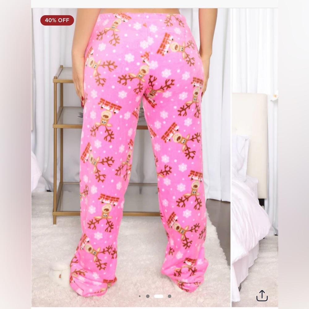Fashion Nova Reindeer Kiss PJ Plush Pants- Pink/Combo